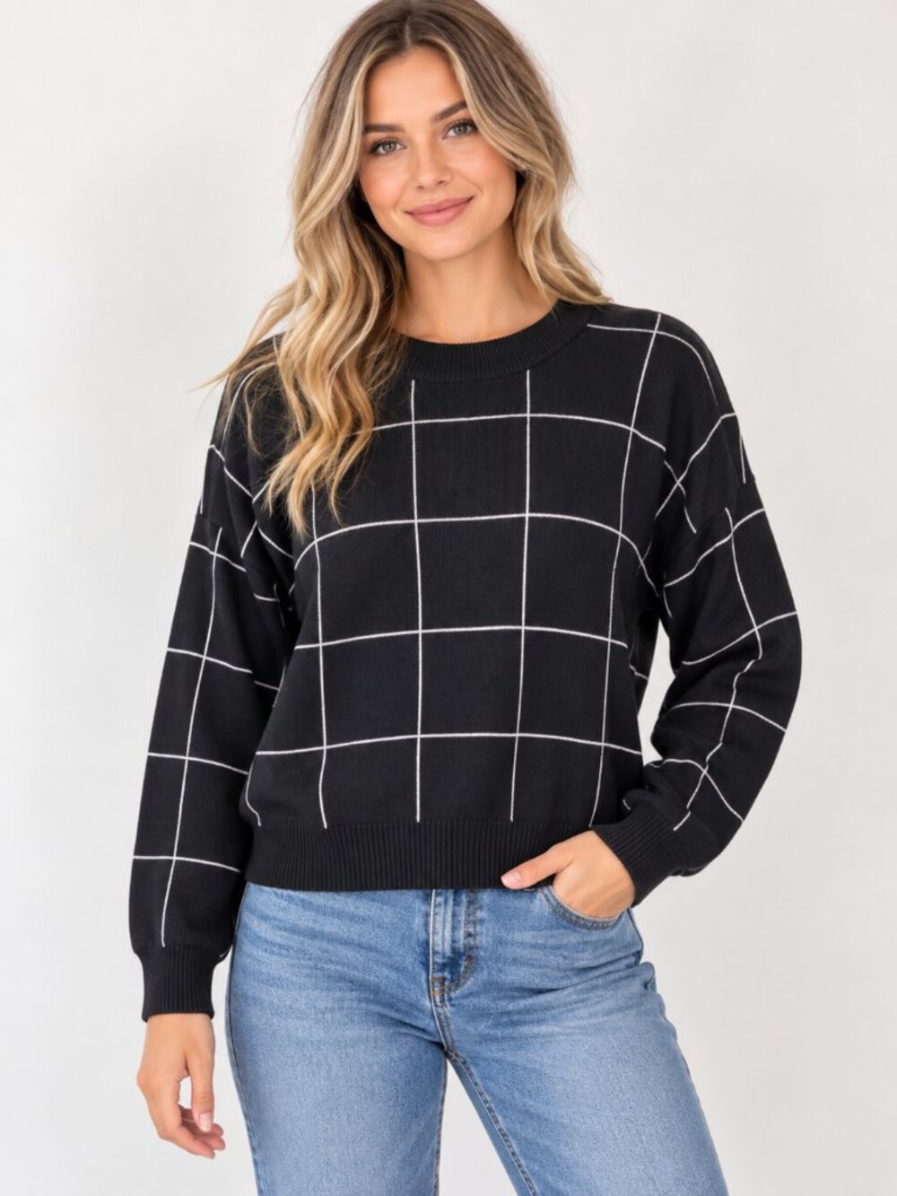 Tahari Black White Windowpane Boxy Sweater Small NWT